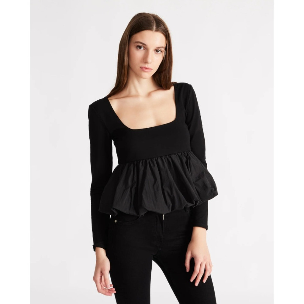 Steve Madden Women Black Mixed Media Avielle Long-Sleeve Peplum Top Size S